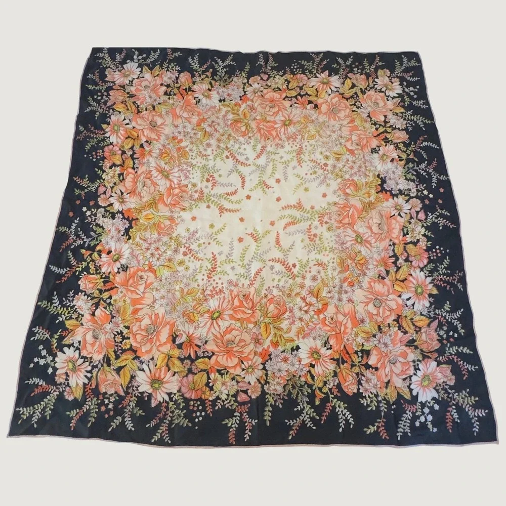 Vintage Floral Scarf Orange Black Garden Print Retro 32x34 Large Square Wrap